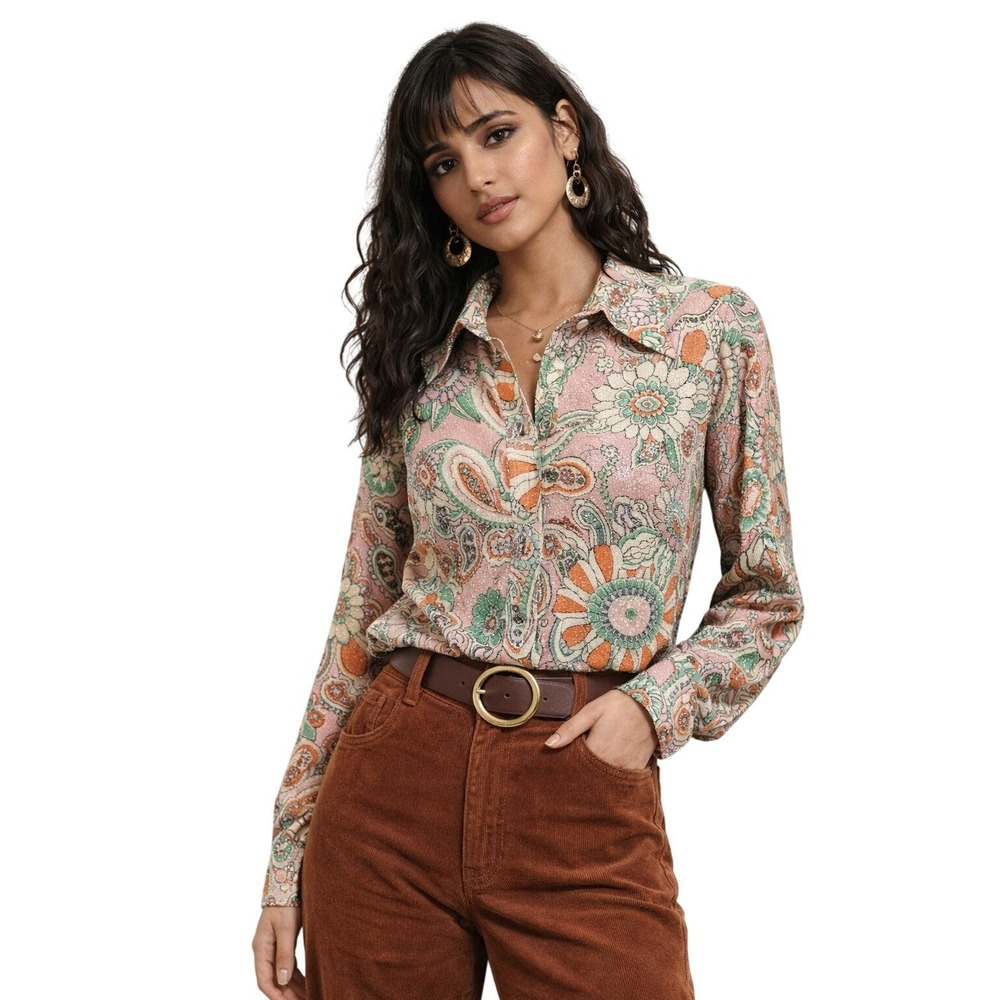 ADELAAR vintage‎ 70s psychedelic floral shimmer blouse pointed collar size 10